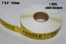 YELLOW 1-Roll 1,000 1x3 FRAGILE HANDLE WITH CARE Stickers Labels Strong Adhesive