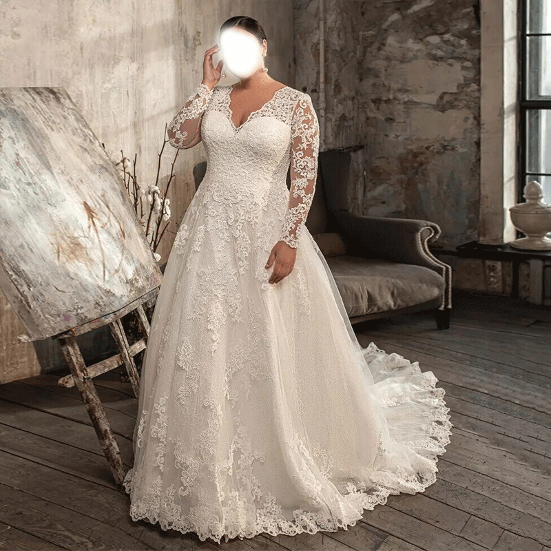 Plus Size Wedding Dresses V Neck Long Sleeves Lace Appliques A Line Bridal  Gowns | eBay