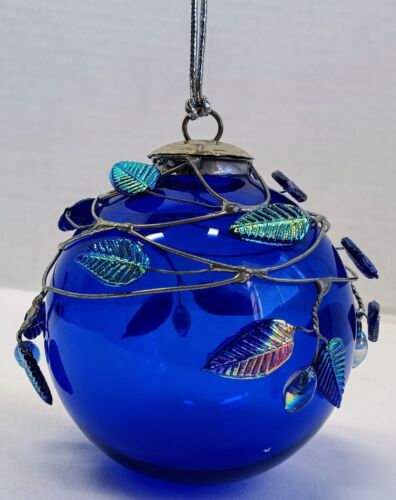 Grande sfera vintage Midwest vetro blu ornamento foglie vetro fiori finestra sfera - Foto 3 di 11