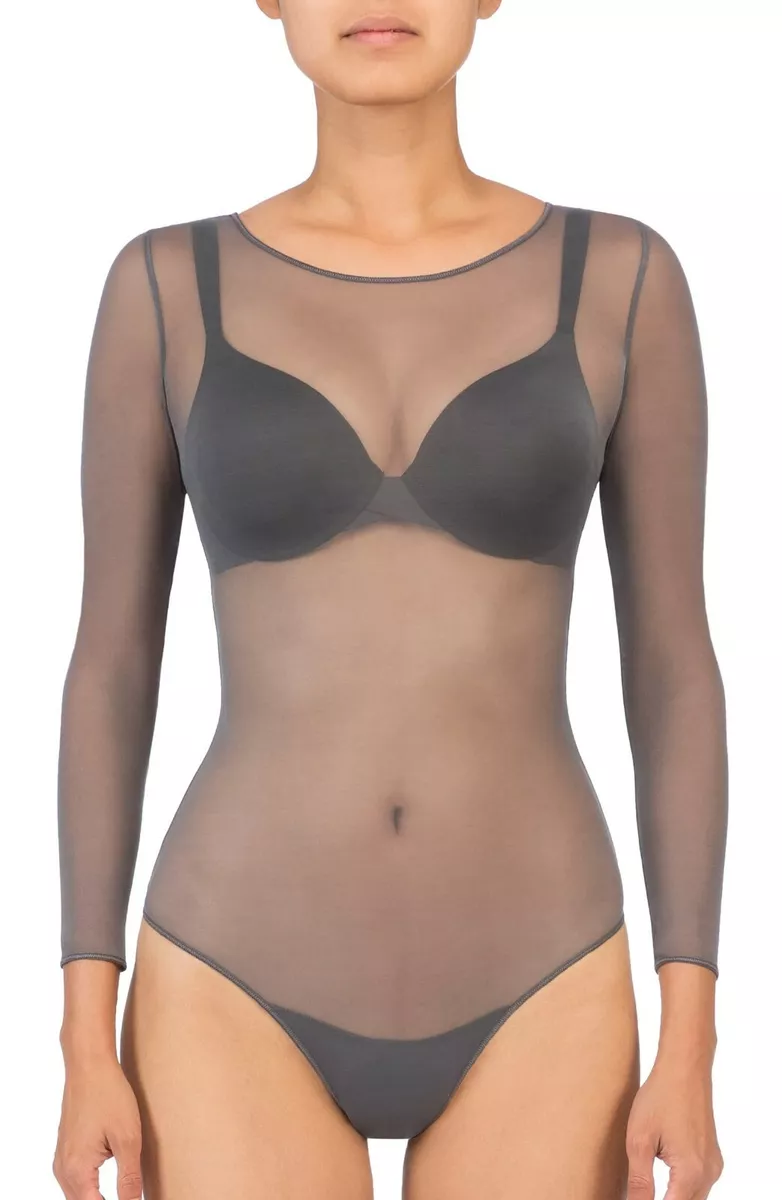 Sheer Mesh Shapewear Long Sleeve Thong Bodysuit