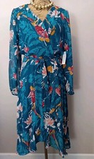 Luxology Women Teal Blue Floral V-Neck Faux Wrap Midi Dress Size Large