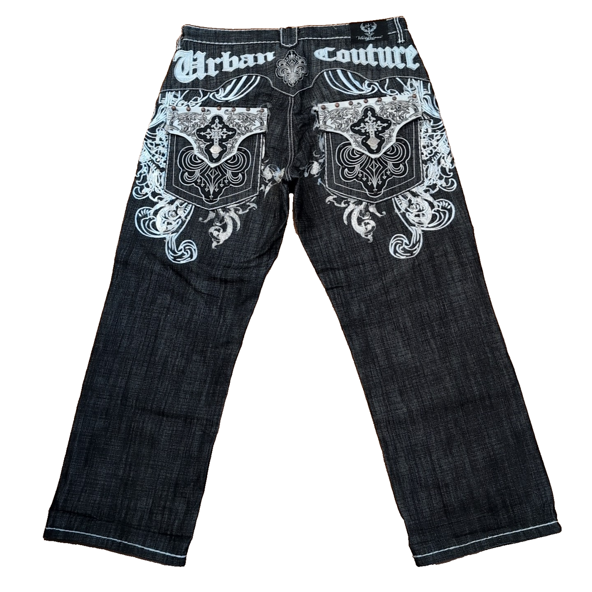 【U LAN】Old Hip Pocket Embroidered Denim Pants Vtg. NBA Jeans Men's 36 Gray Black Embroidered Patchwork