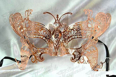 Rose Gold Heart Shaped Venetian Masquerade Mask with Clear Rhinestones 