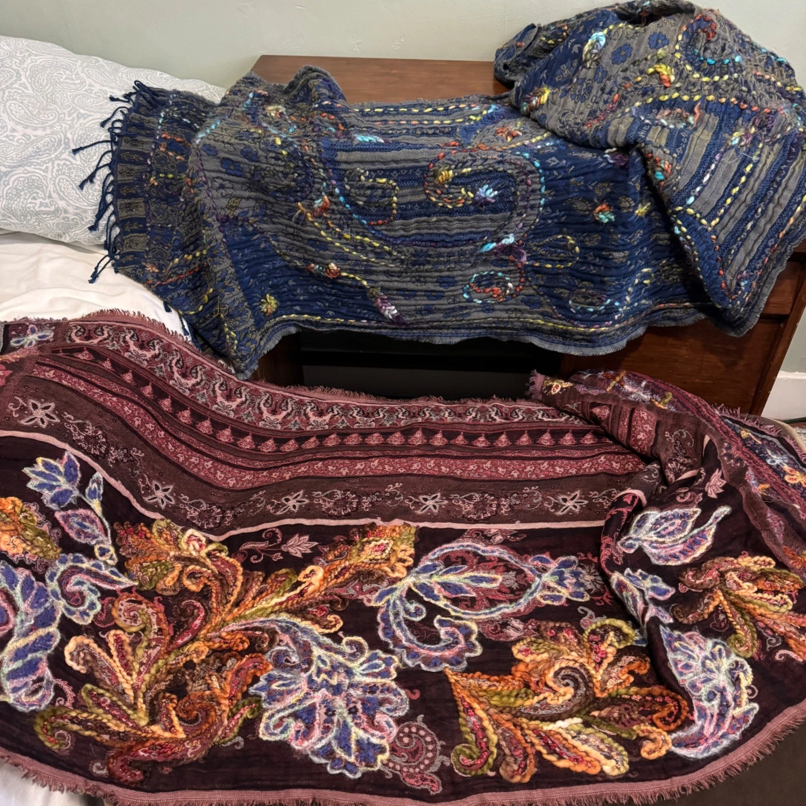 Bohemian Paisley Embroidered Scarves 2pc Shawl Wrap Mixed Media Red Blue Boho