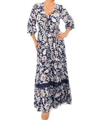 Nuevo Azul Marino y Blanco Floral Boho con Botones Vestido Largo - Imagen 1 de 4