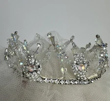 Vintage 1950s Bridal Tiara Veil Aurora Borealis Crystal Rhinestone Crown Wedding
