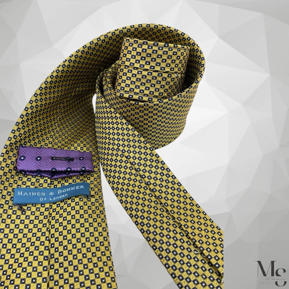 Corbata de seda de lujo geométrica dorada de Haines & Bonner hecha a mano 59”-3,25” EXCELENTE ESTADO Foto 4 de 4