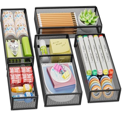 Marbrasse 5 Pack Desk Drawer Organizer Set, Mesh Drawer Storage Trays with 1 Adj