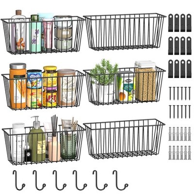 Simple Trending 6 Pack Wire Basket Wall Mount Baskets Hanging Baskets, Black