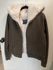 Vtg Y2k Abercrombie  Fitch White Faux Fur Lined Green Full Zip Hoodie Womens L