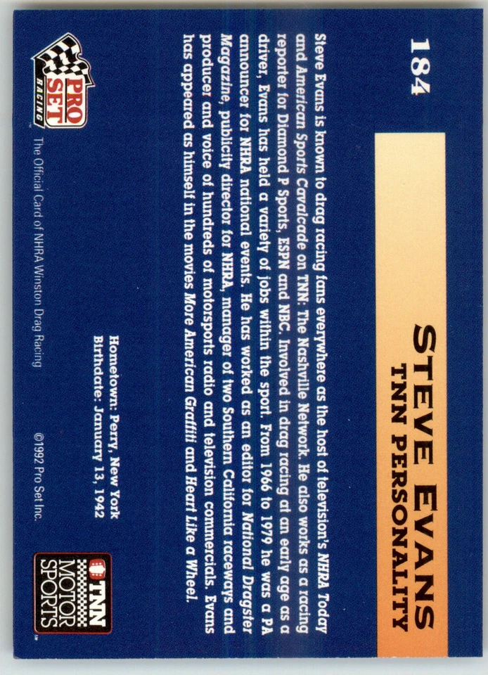 Steve Evans - 1992 Pro Set NHRA - #184 - Racing - Image 2 of 2