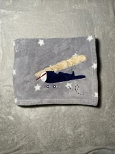 Lambs & Ivy Gray Baby Blanket Blue Airplane White Stars Plush Fleece Lovey 30x40