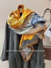 Sallys Cashmere & Silk Wrap Scarf Flowers Print Double Face Square Shawl 53"