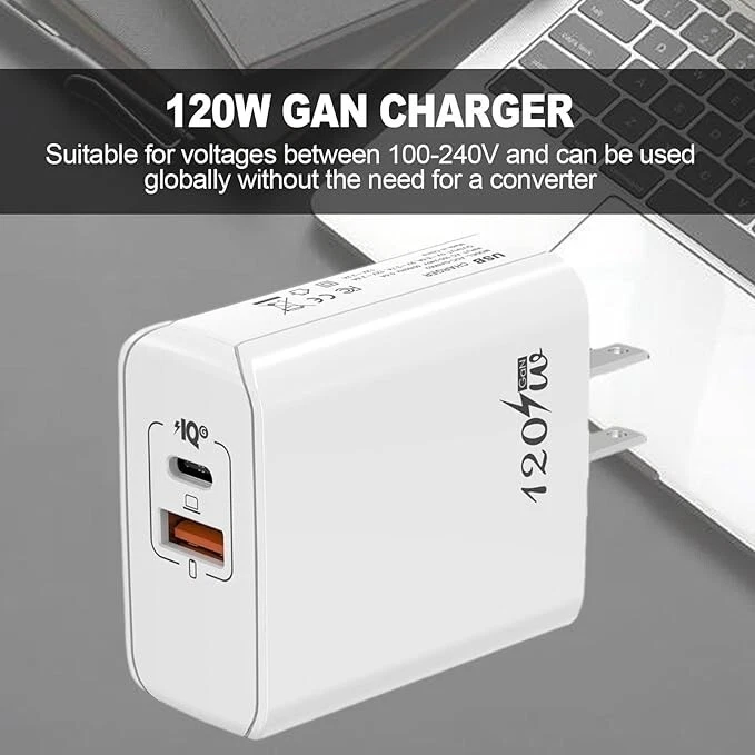 Universal 120W GaN Dual Port Fast Charger+20W USB Type-C Cable (C-to-L) [White] - Image 3 of 4