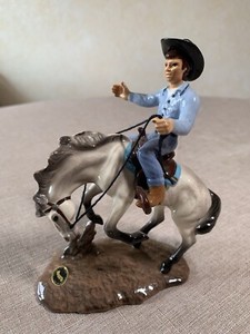 Hagen Renaker Specialties Bucking Bronco Gray Dun Horse & Rider Blue Shirt 3233