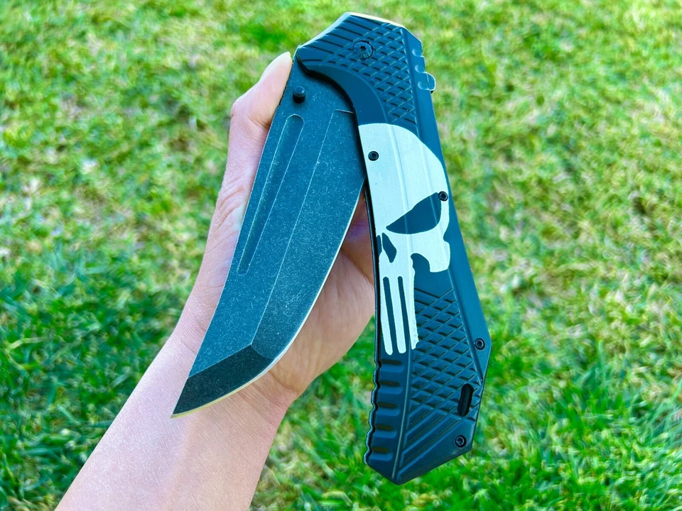 12.25” Giant Skull Punisher Tactical Spring Assisted Open Blade Pocket Knife - Image 2 of 4