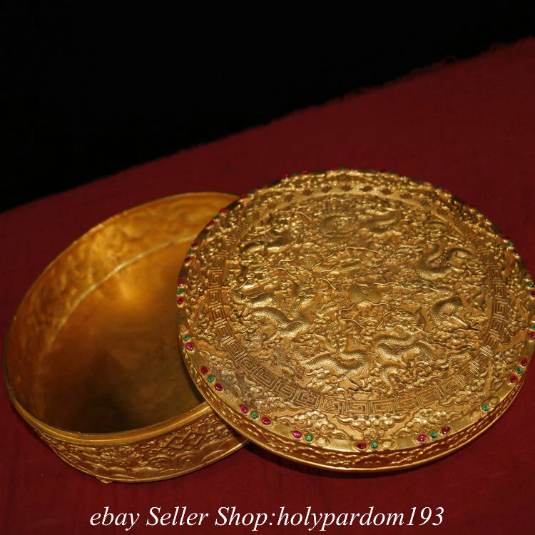 9.8" Marked Chinese Bronze 24K Gold Gilt Inlay Gems Dragon jewelry Round Box  - Image 4 of 4