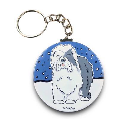 Old English Sheepdog Snow Keychain Handmade Art Gift Accessory
