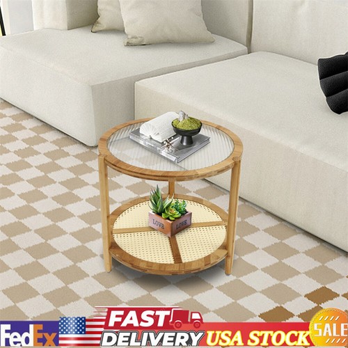 Round Coffee Table,Wood Living Room Table 2 Tier Indoor End Table Free Standing
