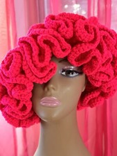 NWOT  Handmade Crochet Ruffle Hat Adjustable Brim  Acrylic  Women's Fashion