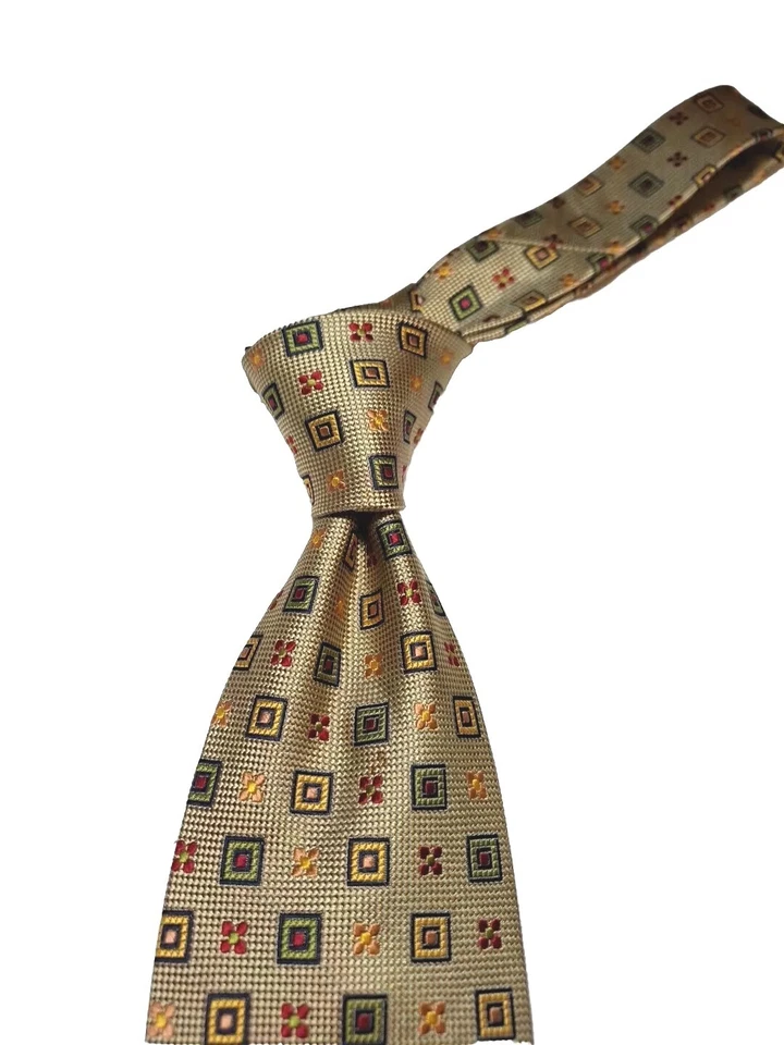 Corbata Smith & James verde seda con cuadrados y flores en verde rojo dorado rosa nueva sin etiquetas  Foto 4 de 4