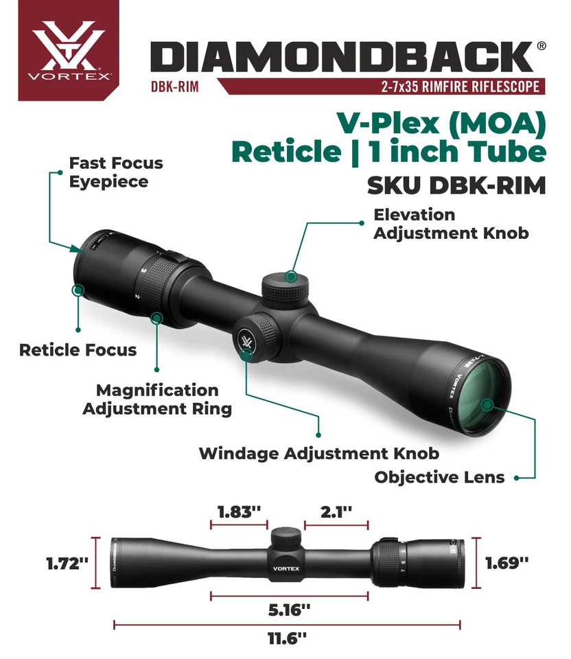 Vortex Optics Diamondback 2-7x35 Rimfire mira telescópica V-Plex com anéis med e chapéu - Imagem 4 de 4