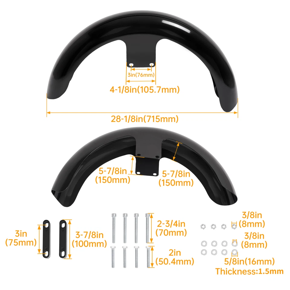 Steel 19" Wrap Front Fender Black For Harley Touring Street Road Glide - Image 2 of 4