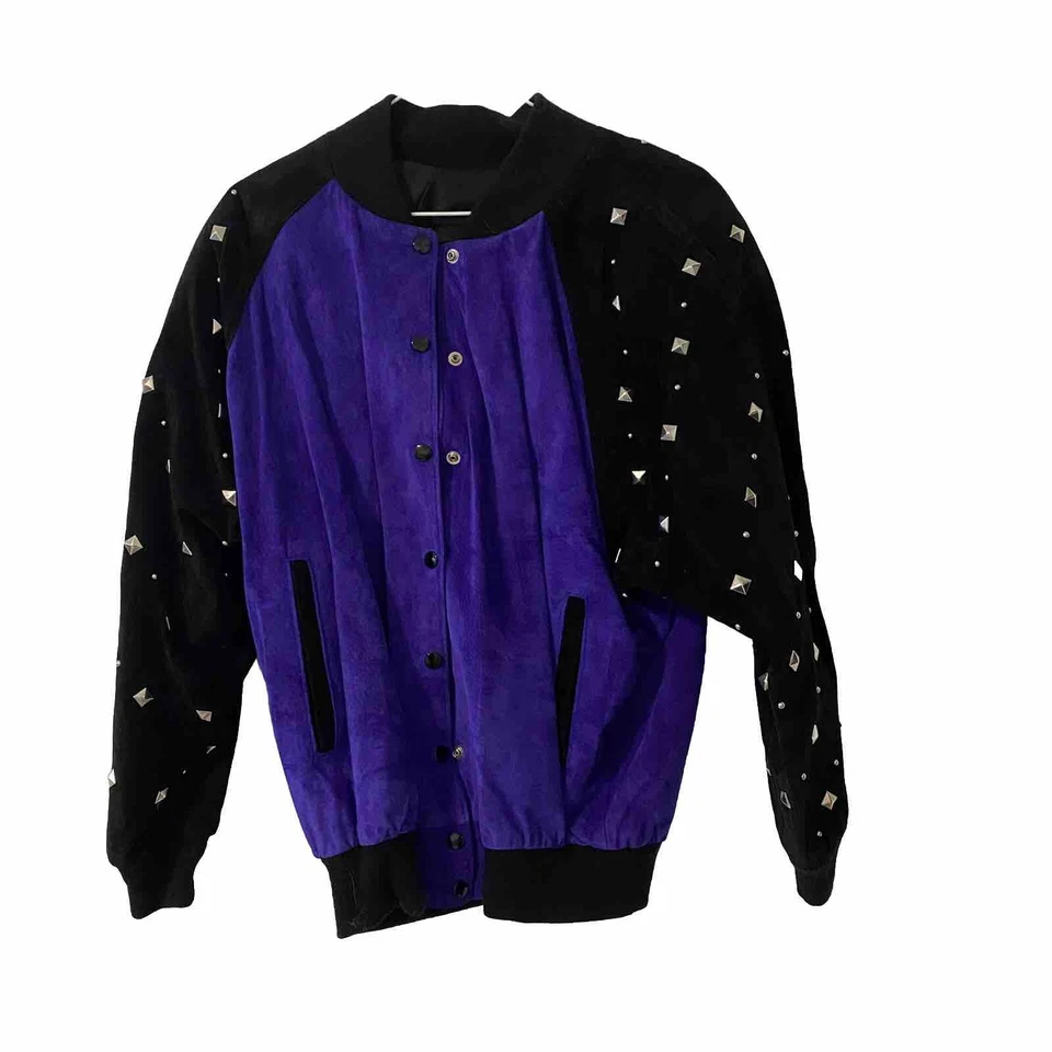 Chaqueta De Cuero Gamuza Vintage Años 80 Bloque De Color M Mediana Hip Hop Púrpura Tachonada Años 90
