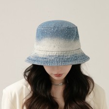 Women Rhinestone Denim Sun Hat Wide Brim Outdoor Hiking Fishing Bucket Cap