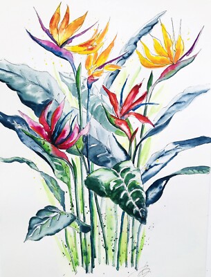 Bird of Paradise Art Water color painting Original Tropical Wall Art 16 x 12''