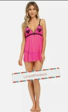 Betsey Johnson Pink Dot Mesh Lace Chemise Thong 2pc Set Size Large Lingerie NWT