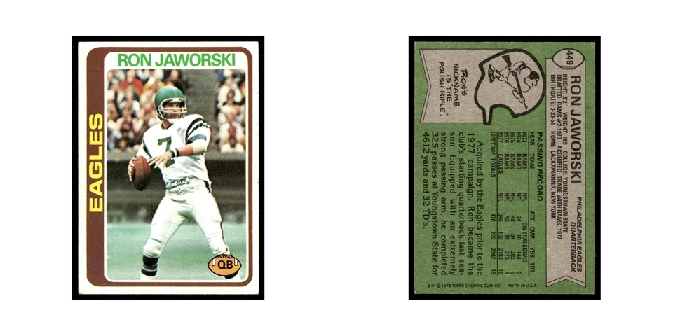 1978 Topps Football Card Ron Jaworski Eagles #449 - Image 3 of 3