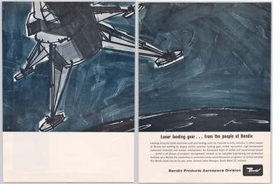 Bendix Aerospace Lunar Landing Gear Concept Art 2 Pg Print Ad 1963