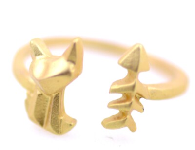 Offener Ring goldfarben Katze und Fisch, UK Größe M