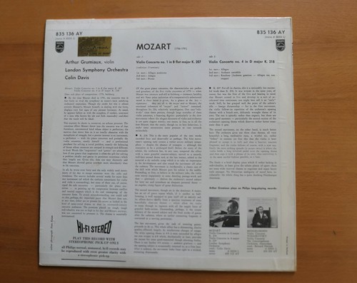 835 136 ED1 Arthur Grumiaux Mozart Violin Concertos 1 & 4 Philips HI-FI STEREO - Picture 5 of 5