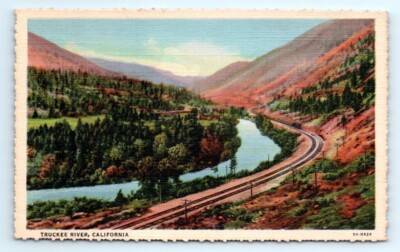 1940s Postcard Truckee River California Trains Railroad Linen Overland Route RR 