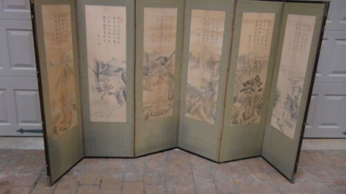 ANTIQUE  KOREAN 6 PANEL PAINTED LANDSCAPE SCREEN WITH 5 ROWS OF CALIGRAPHY - 第 1/12 張圖片