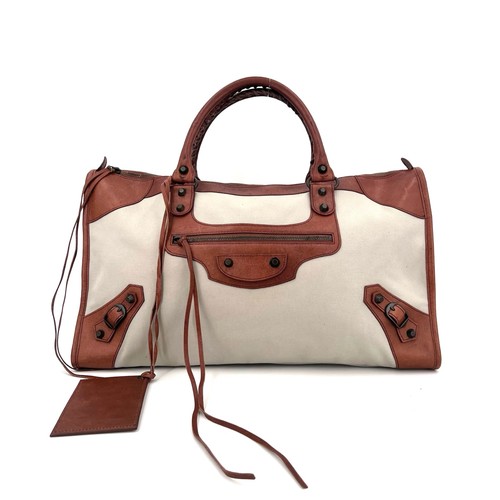 Balenciaga Classic City Canvas Brown Leather Motocross Motorcycle Bag Auth
