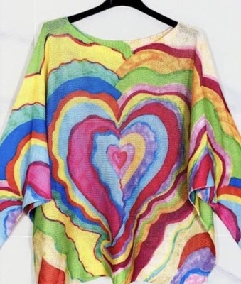 Loowie V1308 Multi Rainbow Hearts Round Knit Printed Sweater One Size Fits Most