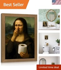 Wood Framed Funny Bathroom Mona Lisa Wall Art, Vintage Humor Pinching Nose Wa...