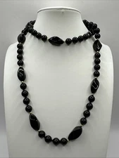 Beautiful Elegant Vintage Black Glass and Gold-tone Bead Necklace 30”