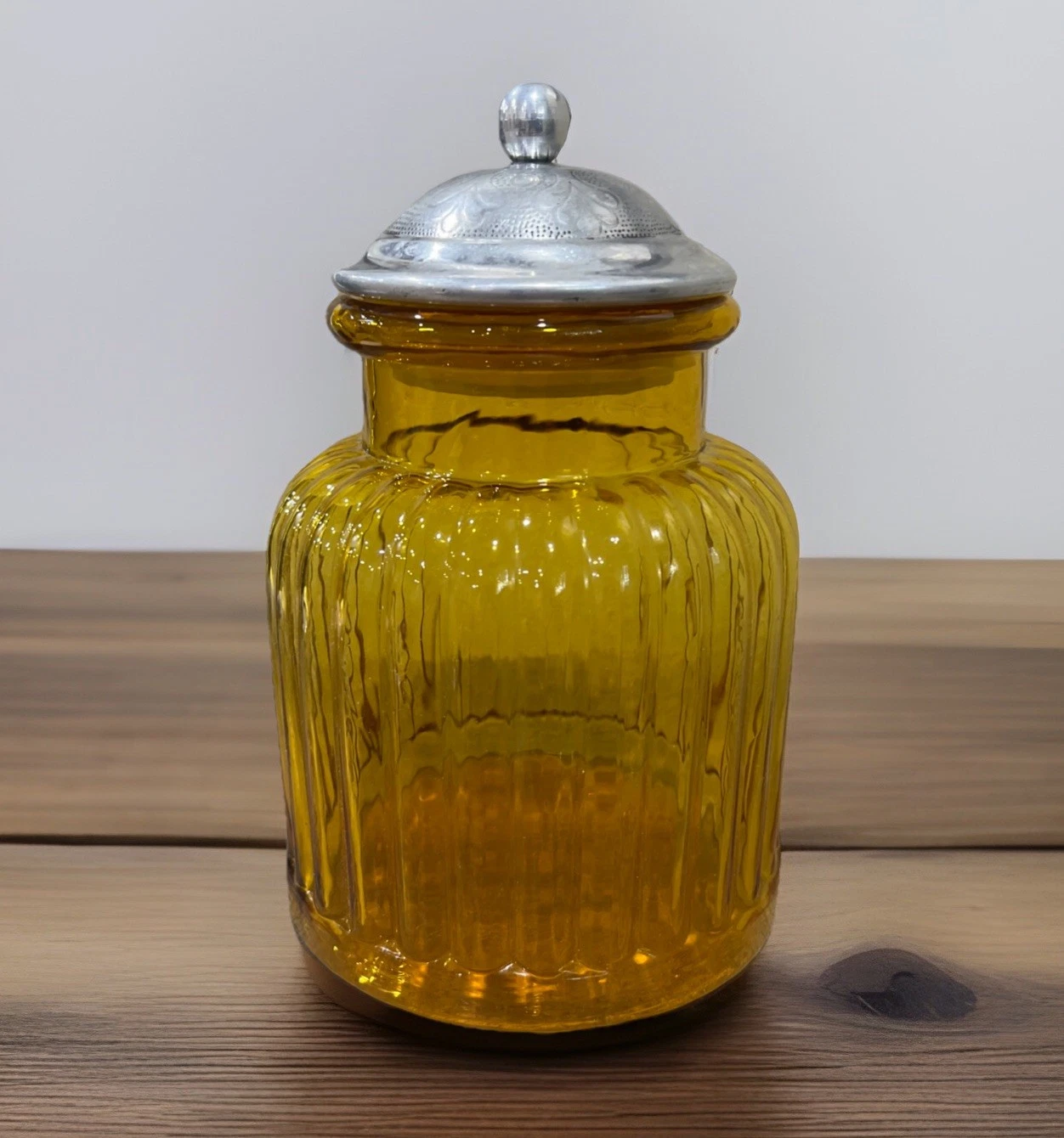 Apothecary 9” Amber Ribbed Glass Jar With Metal Decorative Lid Vintage