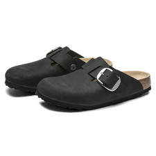 Birkenstock Boston Black Big Buckle Nubuck Leather Sandal Women's Shoes