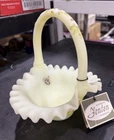 VTG Fenton Satin Custard Uranium Glass Basket Fluted Edge Hand Painted/Signed