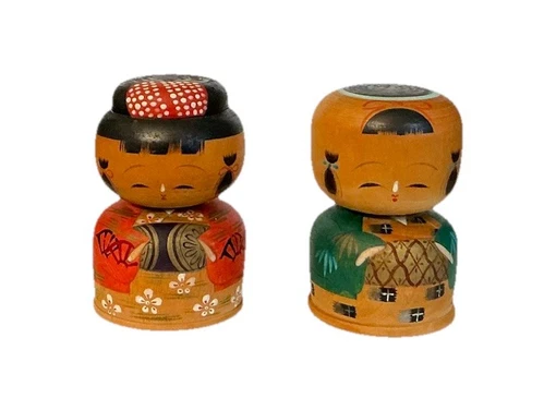 2 Vtg Signed Japanese Wood Crafted Kokeshi Bobble Head Boy & Girl Dolls Figurine