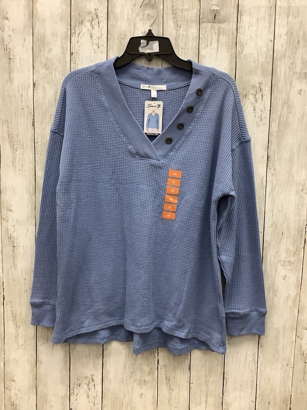 Seven7 Women’s Blue Waffle Knit Henley Top, V-Neck Long Sleeve, Size Medium