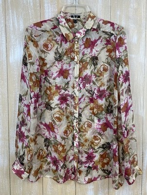 Vintage ESPRIT Collection Silk Floral Button Front Blouse Women's Size 10 Sheer