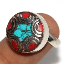 11gms Tibetan Turquoise Red Coral Nepali Tribal Gemstone Ring US FreeSize JW