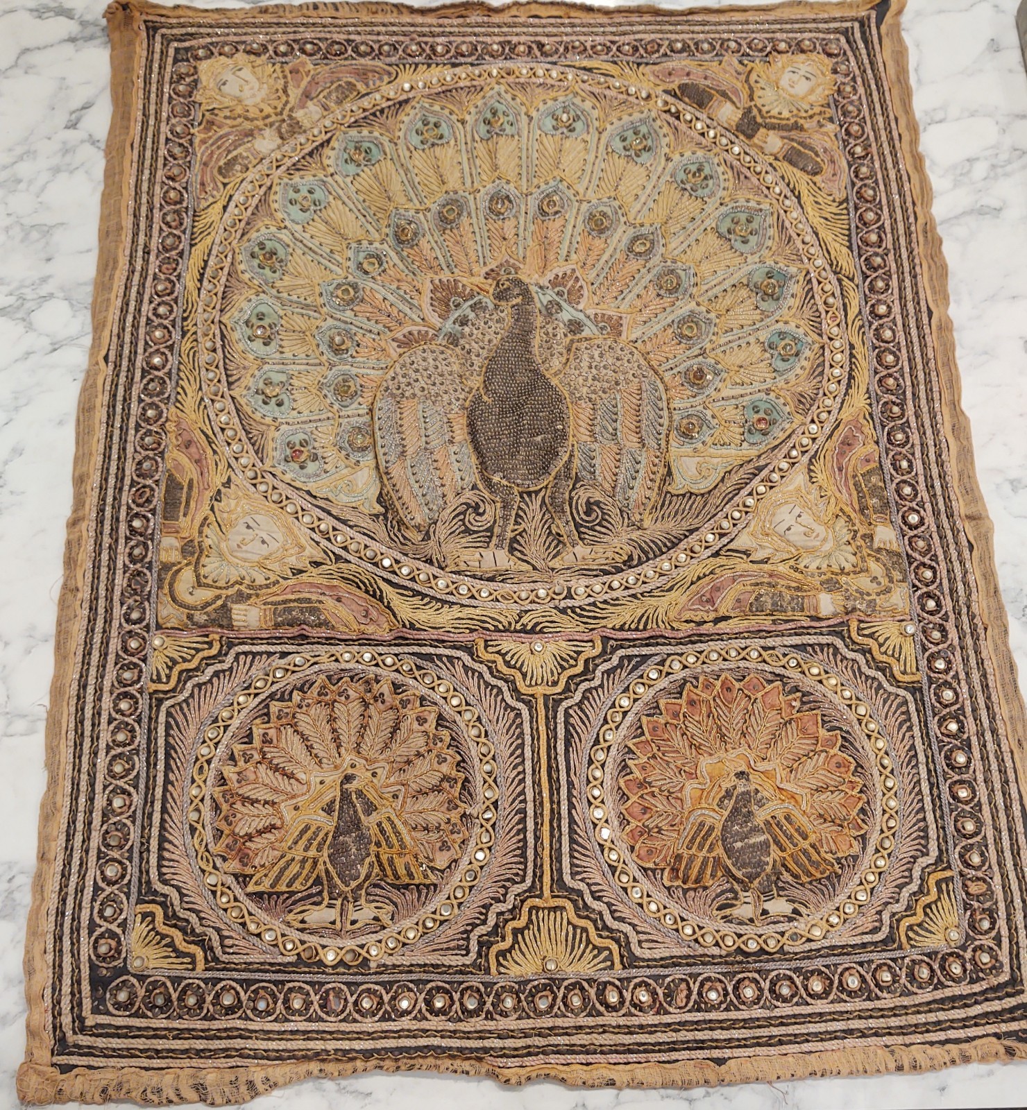 Sequin PEACOCKS Burmese KALAGA Hand-Embroidery Tapestry Wall Hanging 35 x 26 In