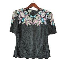 Stenay Vintage 100 Silk Beaded Sequin Floral Blouse Black Pink Blue Size 10